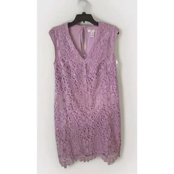 London Times Lace Extended Shoulder V-Neck Shift Dress Lilac Size 8 Worn Once
